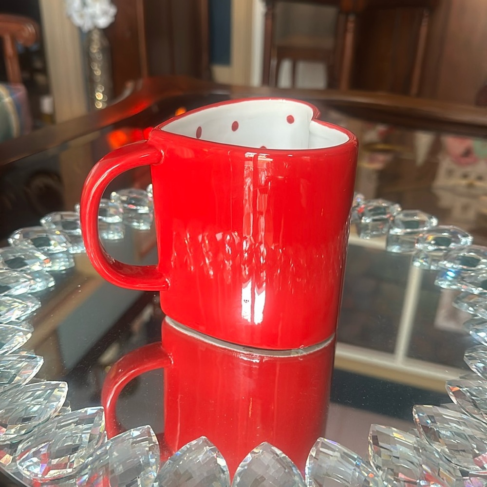 Lang artisan hand painted red Valentine’s Day heart shaped mug polka dot inside